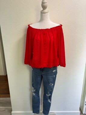 Red Off-Shoulder Swiss Dot Blouse with Button Front